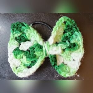 Green and White Crochet Hair Bow